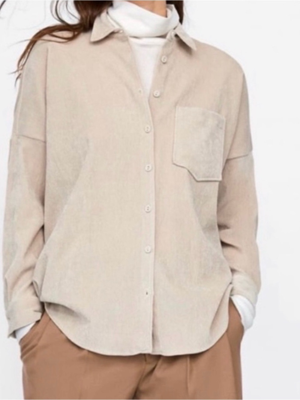 Zara Beige Corduroy Shacket Oversized Button Front Shirt Jacket M
